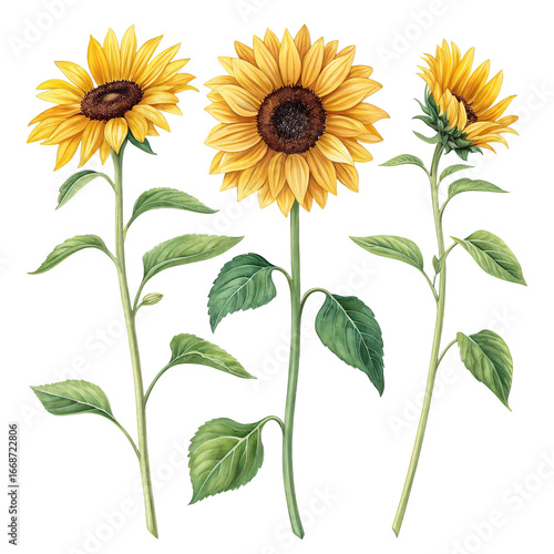 Three sunflowers isolated on transparent background set of elements for creating png floral design png botanical illustration png yellow sunflowers isolated png nature element png 