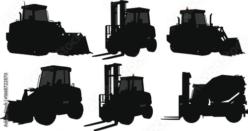 Forklift trucks, wheel loaders, and concrete mixer truck vector silhouettes for construction, warehouse, logistics, heavy equipment, and industrial projects