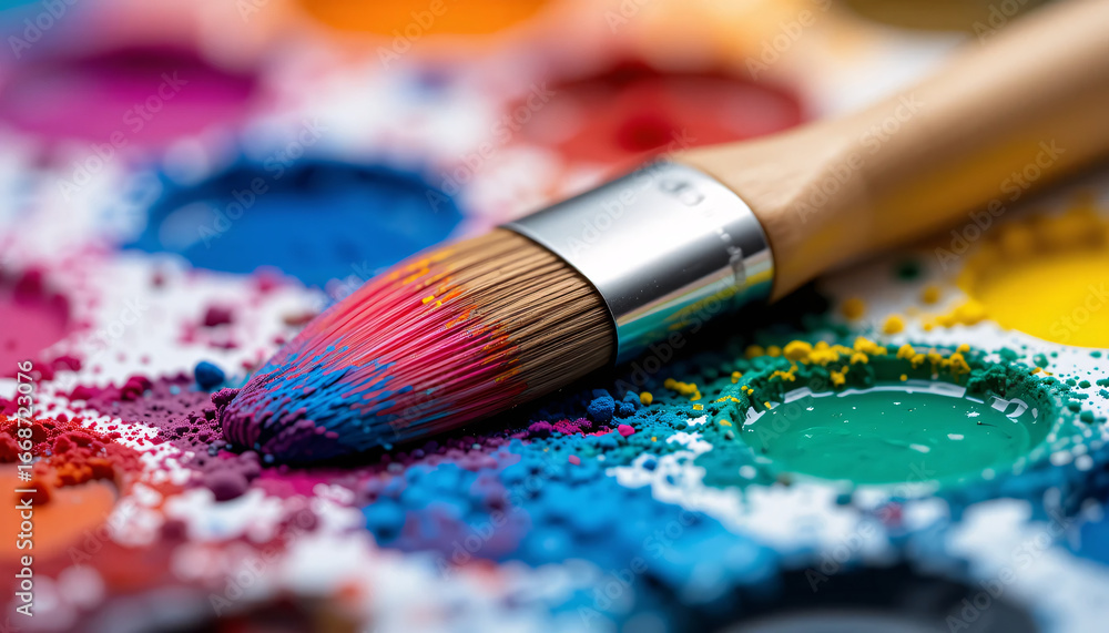 Fototapeta premium Close-up of watercolor paintbrush on vibrant artistic color palette