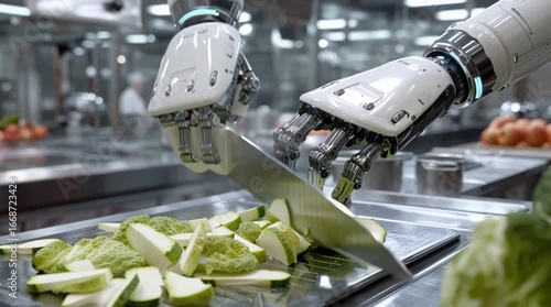 Robotic kitchen hands skillfully chopping vegetables in a modern food preparation environment