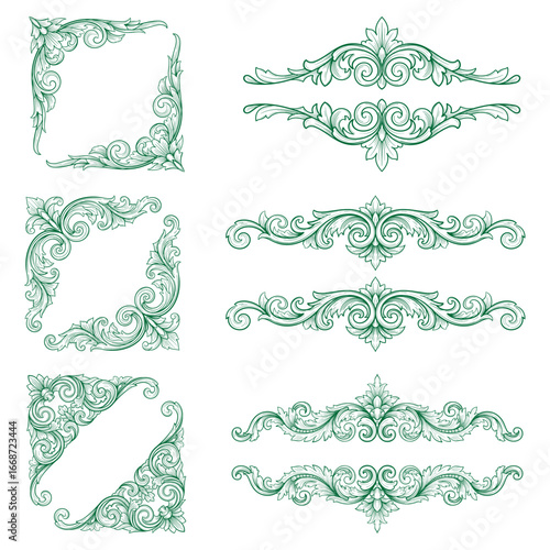 Vintage Green Engraved Ornaments, Luxury Borders, and Corners Set