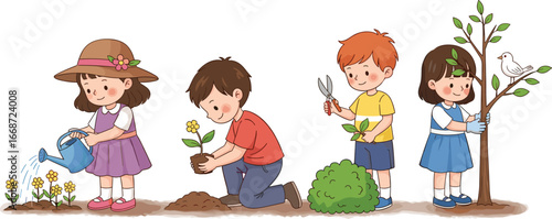 PrintCartoon children gardening, watering flowers, planting trees, trimming bushes, supporting nature, promoting teamwork, responsibility, outdoor activity, and environmental awareness