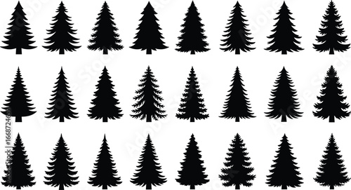 Silhouette collection of pine trees, evergreen conifers, black forest tree icons for Christmas design, winter nature illustration, vector art