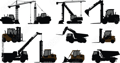 Construction machinery silhouettes set with cranes, excavators, forklifts, bulldozers, dump trucks, pile driver and heavy equipment vehicles vector collection