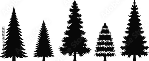 Tall pine tree silhouette vector set, evergreen coniferous forest icons, black fir tree shapes for nature, winter, or holiday design