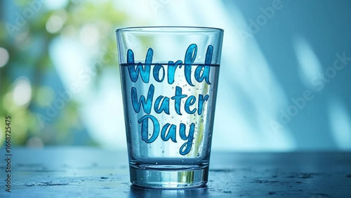 'World Water Day' writing on a glass of water