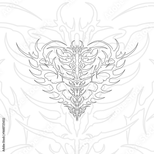 Cyber tribal ornament with gothic symmetrical heart shape, cyber sigilism style, abstract Y2K dark tattoo vector design