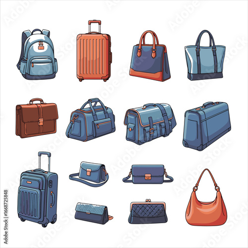 A colorful set of travel icons and suitcases for a holiday or business trip