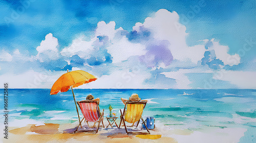 Fototapeta Naklejka Na Ścianę i Meble -  Two People Relaxing by the Sea in a Vibrant Watercolor Painting