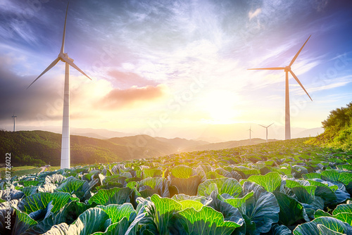 Clean energy meets agriculture in a stunning summer sunrise scene in Taebaek, Gangwon Province, South Korea.