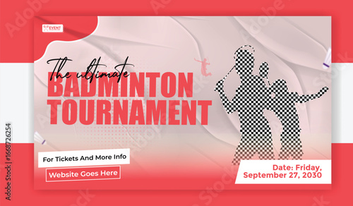Badminton tournament poster design with two players on red and white background