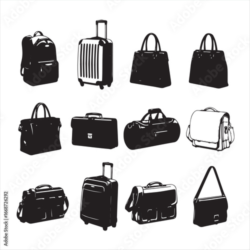A vector illustration of a set of black travel bags including a suitcase and backpack