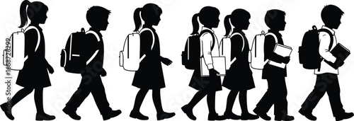 Silhouette vector of school children walking, boys and girls with backpacks and books, education, classroom, students, uniform icons