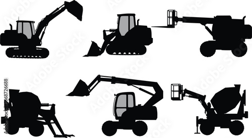 Construction machinery silhouettes set with excavator, bulldozer, telehandler, concrete mixer, loader, lift platform, heavy equipment and industrial vehicles vector