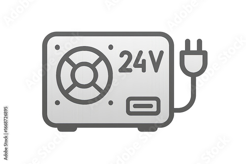 24V power supply unit with cooling fan and power cord on transparent background. Concept of industrial energy conversion equipment