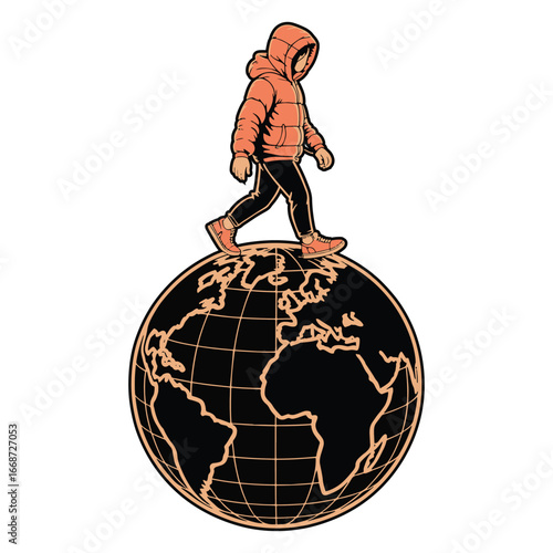 A person in a winter jacket walking across the top of planet Earth. A concept of global travel. Vector Illustration.