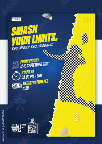 Smash your limits badminton tournament flyer template design for sport event game