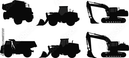 Heavy construction equipment silhouettes set with dump trucks, wheel loaders, excavators, earthmoving machinery, industrial machines, construction vehicles vector illustration pack