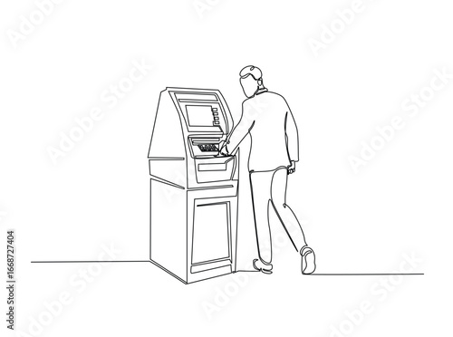 Buninessman using ATM machine to withdraw money outline illustration. Continuous line art drawing of man in front of ATM machine. Editable stroke.