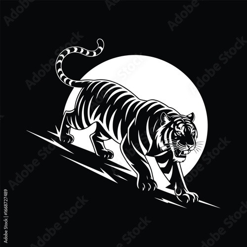 A powerful tiger stalking down a rocky slope with a full moon in the background. High-contrast art. Vector Illustration.