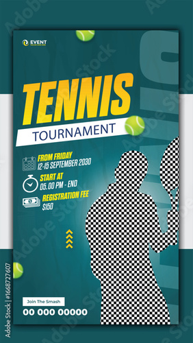 Tennis tournament match Story template design with rackets and ball illustration