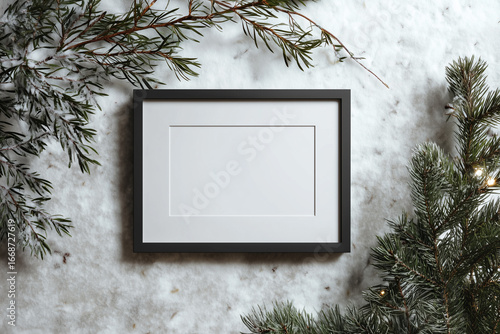 Minimal Black A4 Frame on Christmas Background – Soft Natural Light, Cinematic Product Photo