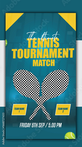 Tennis tournament match Story template design with rackets and ball illustration