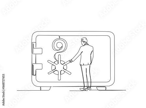 Buninessman opening safe deposit box outline illustration. Continuous line art drawing of businessman and big deposit box. Editable stroke.