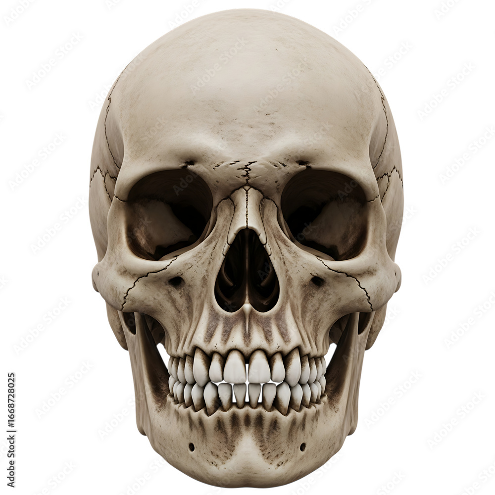 Fototapeta premium Realistic Human Skull Front View Isolated on Transparent Background
