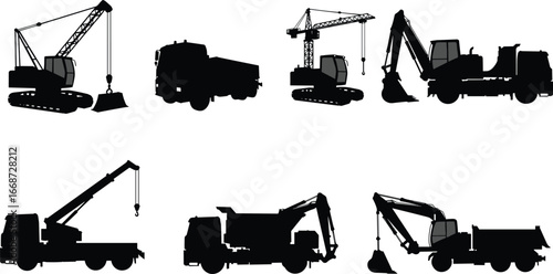 Construction vehicle silhouettes set with crawler crane, tower crane, dump truck, excavator, mobile crane, cement mixer truck, heavy machinery, earthmoving equipment