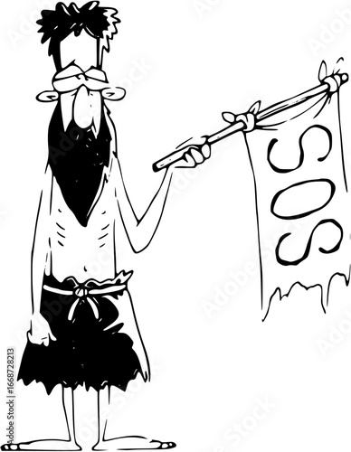 Caveman holding sos flag