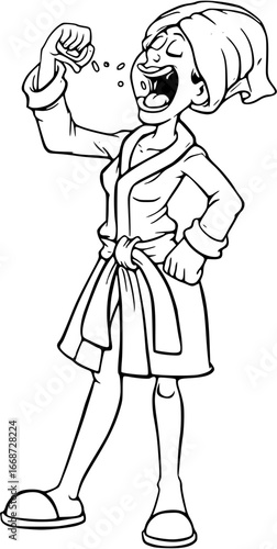 Woman in bathrobe spitting