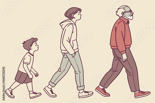 Illustration showing a person evolving through the stages of life from child to senior citizen