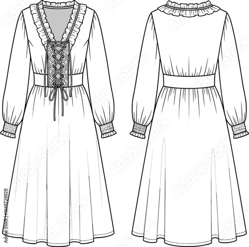 PrintKnee-length dress fashion illustration, lace-up neckline, ruffled trim, puff sleeves, cinched waist, flared skirt, technical vector drawing, garment design