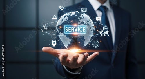 Digital Support Solutions A Businessman Offering Global Communication Assistance with AI Chatbots, Email, and Online Helpdesk. Customer service and support solution. business concept.