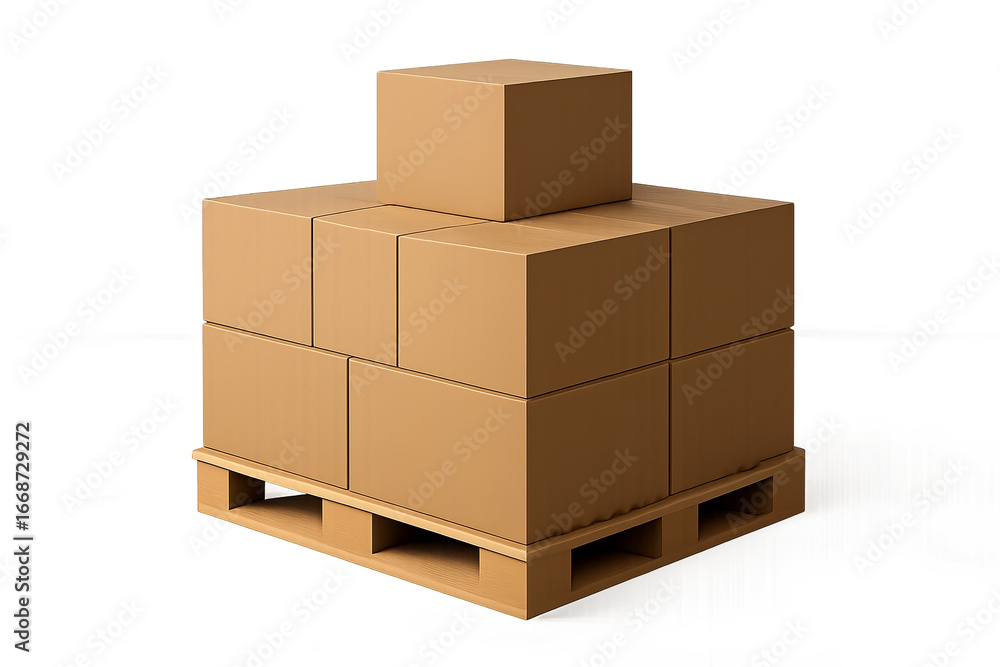 Obraz premium Cardboard boxes on wooden palette with minimal stacked shape on transparent background