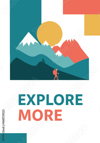 An inspiring graphic depicting an adventurer exploring the majestic grandeur of mountain landscapes under a vibrant sun, fostering discovery