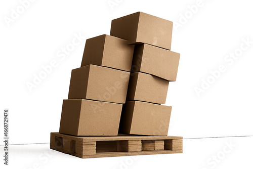 Cardboard boxes on wooden palette in tilted and unstable stack on transparent background