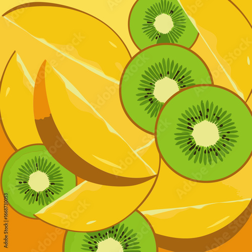 Sliced mango and kiwi fruit in vibrant colors with a glossy texture. Fruit slices overlapping and layered on a gradient background.