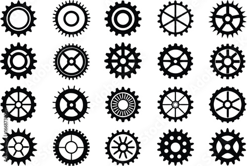 Collection of black gears and cogwheels representing engineering and mechanical themes suitable for graphic design and industrial concepts