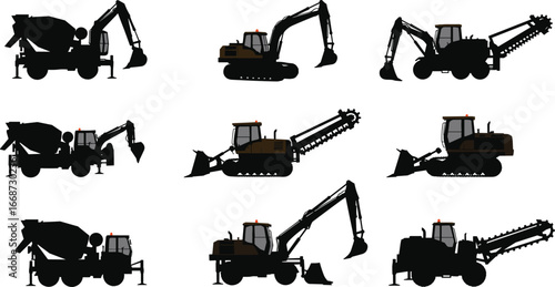 Silhouette construction machinery set with yellow accents, excavator, bulldozer, cement mixer, trencher, heavy equipment, industrial vehicles, earthmoving machines