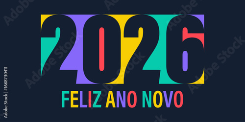 cartão ou banner para desejar um feliz ano novo 2026 em várias cores e preto sobre fundo preto