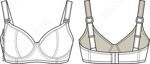PrintTechnical fashion illustration of bra front view and back view, adjustable straps, underwire cups, hook and eye closure, lingerie design for garment construction