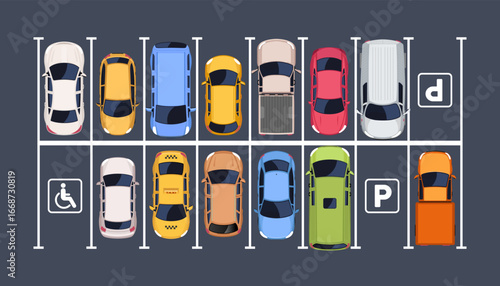 Top view of cars parked in parking lot. Vector illustration