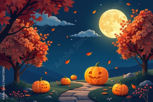 Halloween 3d pumpkin display autumn landscape digital art night scene festive concept