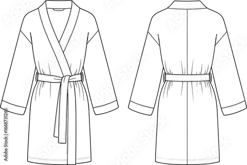 PrintTechnical vector illustration of bathrobe front and back views with shawl collar, belt, long sleeves, gathered waist, garment construction details
