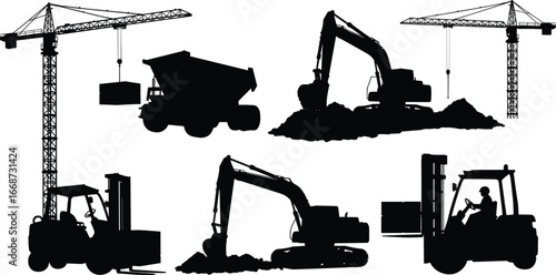 Silhouette of construction machinery, tower cranes, dump truck, excavator, forklift, heavy equipment, industrial vehicles, building machines, earthmoving equipment vector illustration set