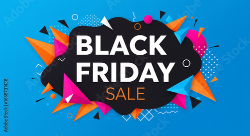 Black Friday sale promotional graphic with colorful geometric shapes  