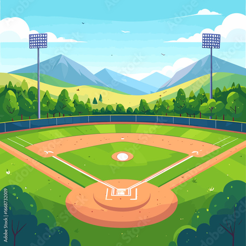 Cartoon Baseball Field with Green Grass, Brown Baselines, and Distant Mountains.