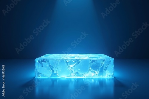 Glowing ice block illuminated by spotlight creates cool atmosphere